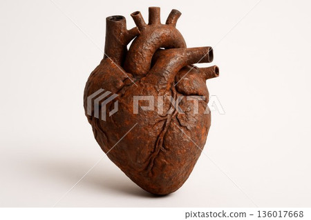 A rusty heart in the shape of an anatomical organ. Space for text. 136017668