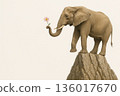 An elephant on top of a cliff holds a fragile flower with its trunk. Space for text. 136017670