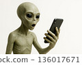 The alien looks at the smartphone in surprise. Space for text. 136017671