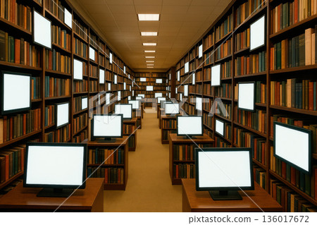 A library with computers among the bookshelves. A library with computers among the bookshelves. 136017672