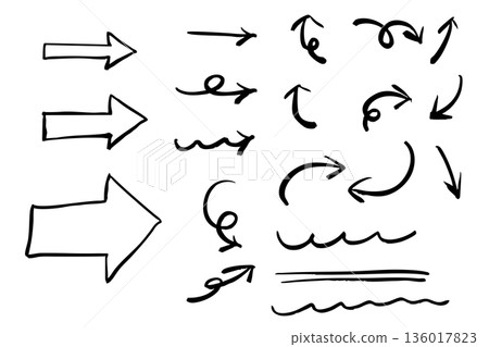 Set of hand-drawn arrows and lines | Simple monochrome line drawing icons showing direction and flow 136017823