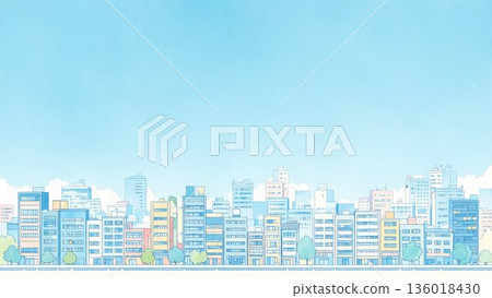 城市景觀插畫背景，展現了藍天下的城市風景。 136018430