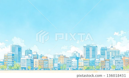 Landscape illustration of a blue sky with floating clouds and city buildings 136018431