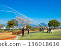 Simultaneous discharge of firefighting first ceremony 136018616