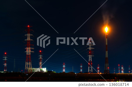 Keihin Industrial Zone night view: Burning flames and power lines Keihin Industrial Zone night view: Burning flames and power lines 136018714