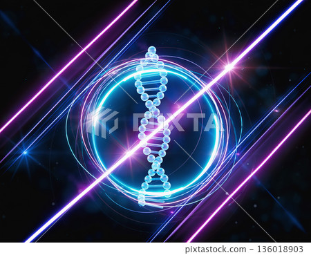 DNA helix surrounded by light patterns representing genetic structure and molecular biology concepts DNA helix surrounded by light patterns representing genetic structure and molecular biology concepts 136018903