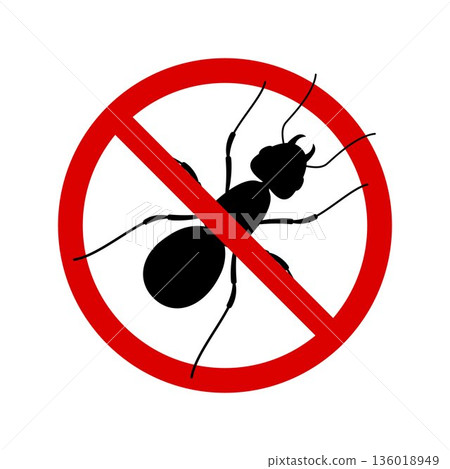 No ant with ban sign. Anti ant pest control ban, prohibition insects silhouette vector. Stop ant insects vector icon, isolated on white background 136018949