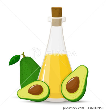 Avocado oil in glass bottle and fruit, isolated natural organic ingredients for hair treatment and growth. Cosmetics essence for massage, lotion for beautiful skin and body. Vector in flat style 136018950