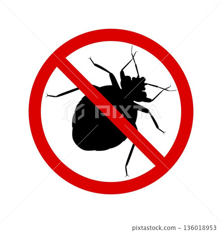 Bug warning sign, vector icon, flat design. Stop insect bug, black contour, isolated on white background 136018953