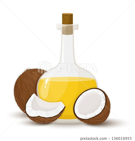 Coconut oil in glass bottle. Coconuts whole and broken nut. Flat illustration vector isolated on white background. Organic healthy product. Cosmetic product. 136018955