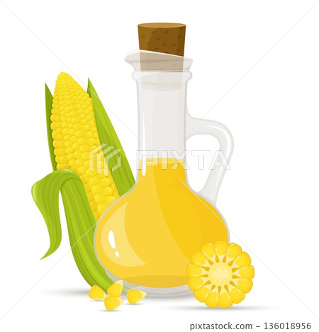 Corn oil in a glass bottle isolated on a white background. Vector illustration in a flat style. Yellow corn. 136018956