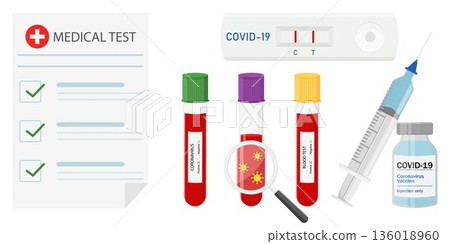 COVID-19 test, Positive Test Results Form. Tubes with blood sample, and rapid test. Vaccine vial with syringe. Concept of Coronavirus rapid test. Vector illustration in flat style. 136018960