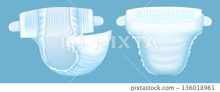 The diaper is realistic. Baby Comfy White Soft Incontinence Diapers for Urine Absorbent Patterns Collection, 3D Vector The diaper is realistic. Baby Comfy White Soft Incontinence Diapers for Urine Absorbent Patterns Collection, 3D Vector 136018961