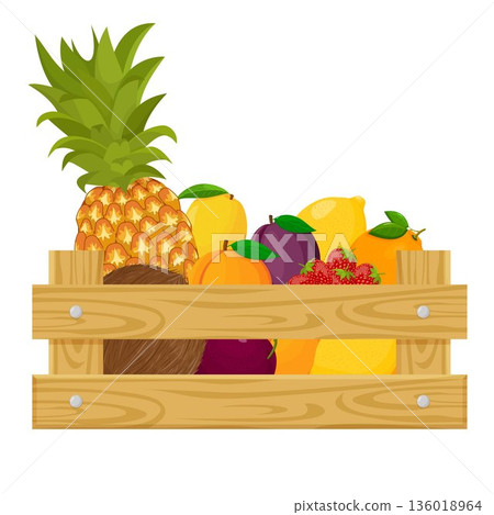 A wooden box full of various exotic fruits Template on the theme of farming, harvesting and selling fresh organic products. Vector illustration in cartoon style. 136018964