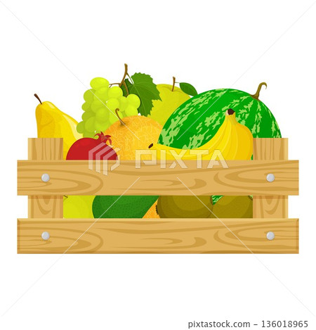 A wooden box full of various fruits. Template on the theme of farming, harvesting and selling fresh organic products. Vector illustration in cartoon style. A wooden box full of various fruits. Template on the theme of farming, harvesting and selling fresh organic products. Vector illustration in cartoon style. 136018965
