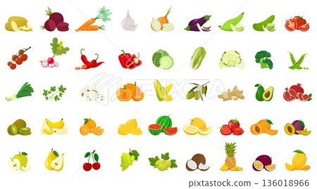 fruits and vegetables icons set, cartoon style 136018966