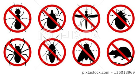 Anti pest control ban, prohibition parasitic insects. Stop, warning, forbidden bug icon set. No, prohibit signs of cockroaches, spiders, fly,mite, ticks, mosquitoes, ants, rats, bug 136018969