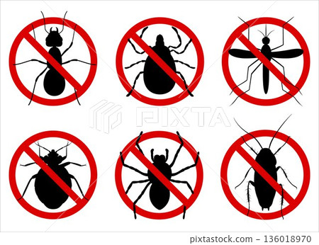 Anti pest control ban, prohibition parasitic insects. Stop, warning, forbidden bug icon set. No, prohibit signs of cockroaches, spiders, ticks, mosquitoes, ants, bug, mite. 136018970