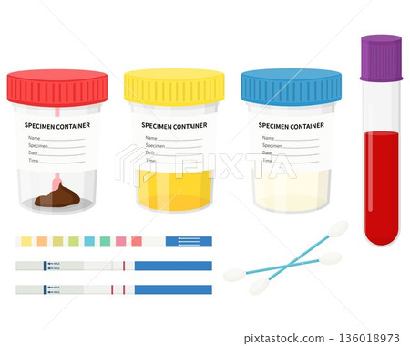 Laboratory tests. Test urine, feces, semen, and blood in plastic jars with colored lids 136018973