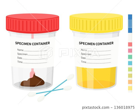 Laboratory tests. Test urine, feces in plastic jars with colored lids. illustration in flat style 136018975