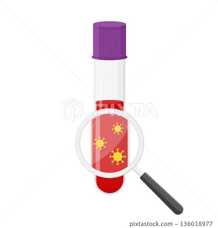 Glass tube with blood for detail test on covid-19, coronavirus with magnifier. Positive test. Blood sample. Virus analysis for laboratory. Vector illustration on white background. 136018977