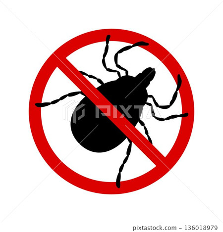 Mite warning sign. Stop parasite icon, vector illustration, silhouette, black and red, tick in a red circle, isolated on white, flat style Mite warning sign. Stop parasite icon, vector illustration, silhouette, black and red, tick in a red circle, isolated on white, flat style 136018979