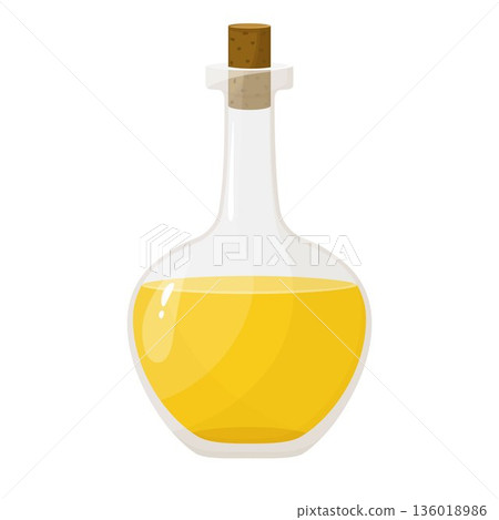 Oil in a glass bottle isolated on white. Vector illustration in a flat style. Natural organic healthy oil product. Vegetable oil. 136018986