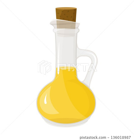 Oil in a glass bottle isolated on white. Vector illustration in a flat style. Natural organic healthy oil product. Vegetable oil. Oil in a glass bottle isolated on white. Vector illustration in a flat style. Natural organic healthy oil product. Vegetable oil. 136018987