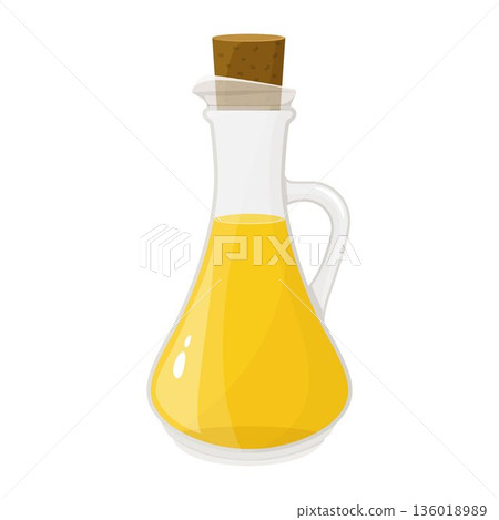 Oil in a glass bottle isolated on white. Vector illustration in a flat style. Natural organic healthy oil product. Vegetable oil. 136018989