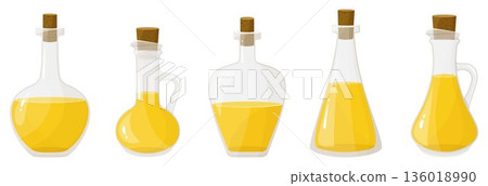 Set of oil in glass bottles isolated on white. Vector illustration in flat style. Virgin organic healthy oil product. Seed oil. 136018990