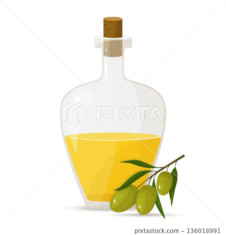 Glass bottle of olive oil and branch of olives, vector flat design 136018991