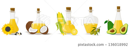 A set of glass bottles with different oils. Olive, sunflower, corn, coconut, and avocado oils. Flat design, vector A set of glass bottles with different oils. Olive, sunflower, corn, coconut, and avocado oils. Flat design, vector 136018992
