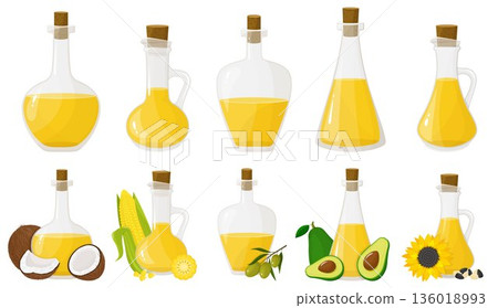 A set of glass bottles with different oils. Olive, sunflower, corn, coconut, and avocado oils. Flat design, vector A set of glass bottles with different oils. Olive, sunflower, corn, coconut, and avocado oils. Flat design, vector 136018993