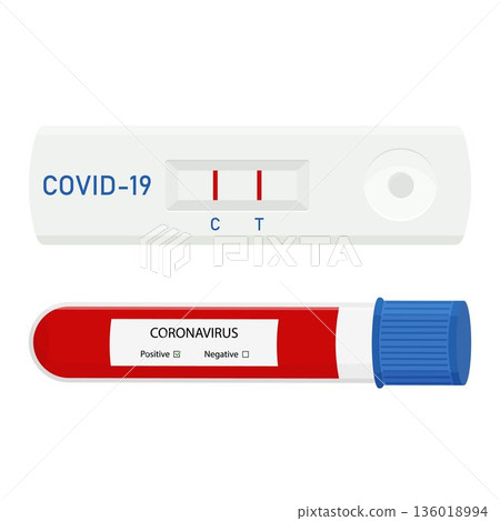 Express covid-19 test, Rapid covid-19 test and in vitro blood test tube. Laboratory research. Positive test result for coronavirus infection, flat style 136018994