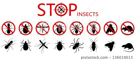 Anti pest control ban, prohibition parasitic insects. Stop, warning, forbidden bug icon set. No, prohibit signs of cockroaches, spiders, fly,mite, ticks, mosquitoes, ants, rats, bug 136019013
