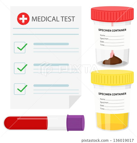 Laboratory tests. Test Results Form. Test urine, feces and blood in plastic jars with colored lids 136019017