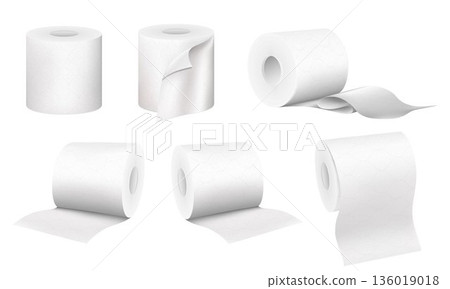 Realistic toilet paper roll set isolated on white background. Collection of soft textured sanitary napkin in different angles and positions , 3D illustration Realistic toilet paper roll set isolated on white background. Collection of soft textured sanitary napkin in different angles and positions , 3D illustration 136019018