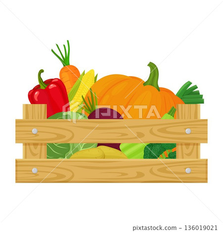 Wooden box with different fresh vegetables, Isolated on white background. Vector illustration of farm organic food cartoon flat style. 136019021