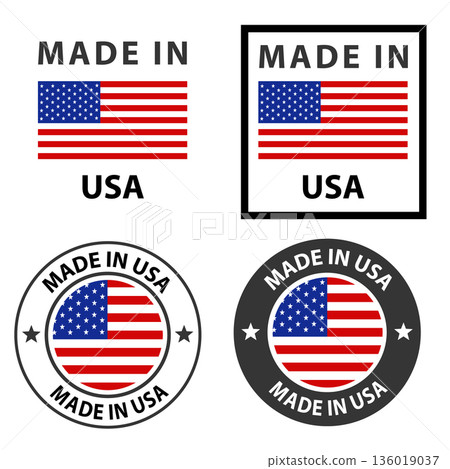 Set of Made in USA seal, USA product tag label sign. Made In USA stamp sticker. flat style. Set of Made in USA seal, USA product tag label sign. Made In USA stamp sticker. flat style. 136019037