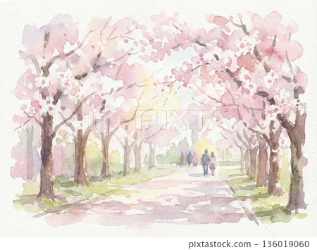 春天走在這條路上（櫻花樹和兩個人的背影） 136019060