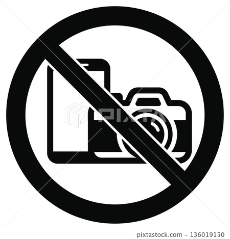 Smartphone and camera use prohibited. Photography prohibited mark. Monochrome prohibited icon. Vector material. Smartphone and camera use prohibited. Photography prohibited mark. Monochrome prohibited icon. Vector material. 136019150