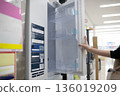 Woman's hand choosing a refrigerator at a mass retailer 136019209