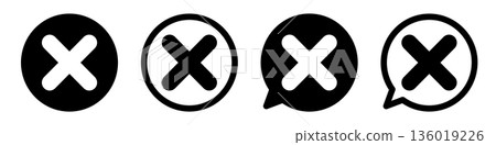 十字標記圖示集，包含取消、錯誤、否定標記，單色向量素材 136019226
