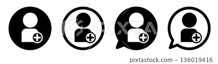 User addition icon set New registration, member addition, account creation Monochrome UI material 136019416