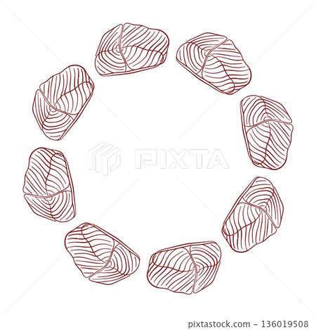 Salmon fillet slice wreath in line art style. Frame for fish and sea food restaurant menu, flyer, card isolated on a white background. Salmon fillet slice wreath in line art style. Frame for fish and sea food restaurant menu, flyer, card isolated on a white background. 136019508
