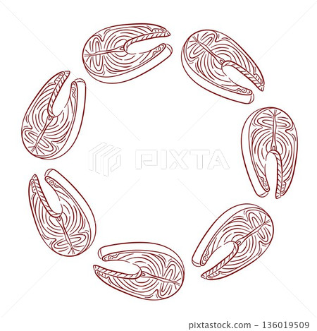 Salmon steak wreath in line art style for restaurant menu. Slice of fish isolated on a white background. Salmon steak wreath in line art style for restaurant menu. Slice of fish isolated on a white background. 136019509