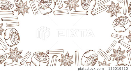 Border pattern with cinnamon roll, stick and star anise in line art style. Hand drawn illustration isolated on white background for bakery packaging, menu and holiday design. Border pattern with cinnamon roll, stick and star anise in line art style. Hand drawn illustration isolated on white background for bakery packaging, menu and holiday design. 136019510