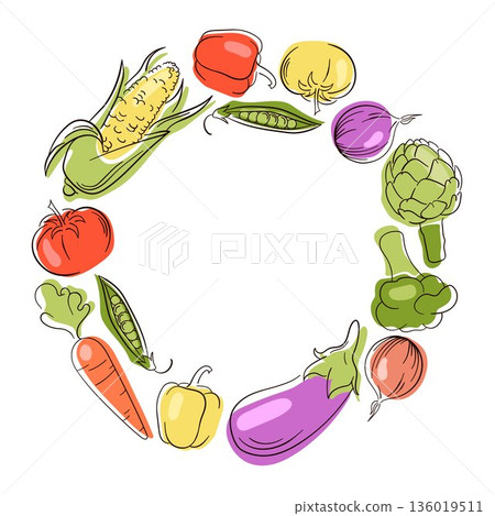 Hand drawn vegetable wreath illustration with corn, tomato, carrot, eggplant, artichoke and pepper. Colorful circular frame on white background for healthy food design, packaging and menu. Hand drawn vegetable wreath illustration with corn, tomato, carrot, eggplant, artichoke and pepper. Colorful circular frame on white background for healthy food design, packaging and menu. 136019511
