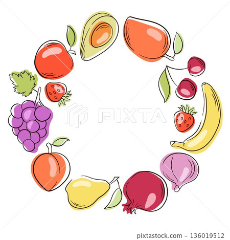 Fruit wreath illustration with apple, banana, pear, avocado, grapes and strawberry in flat style. Decorative frame on white background for healthy food design, packaging and card. Fruit wreath illustration with apple, banana, pear, avocado, grapes and strawberry in flat style. Decorative frame on white background for healthy food design, packaging and card. 136019512
