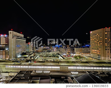 Night view overlooking the Hiroshima Station platform _ JR Hiroshima Station North Exit _ Shinkansen platform 136019833